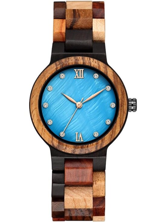 Women\'s Blue Analog Quartz Couples Colorful Bamboo Classic Design Wooden Watch